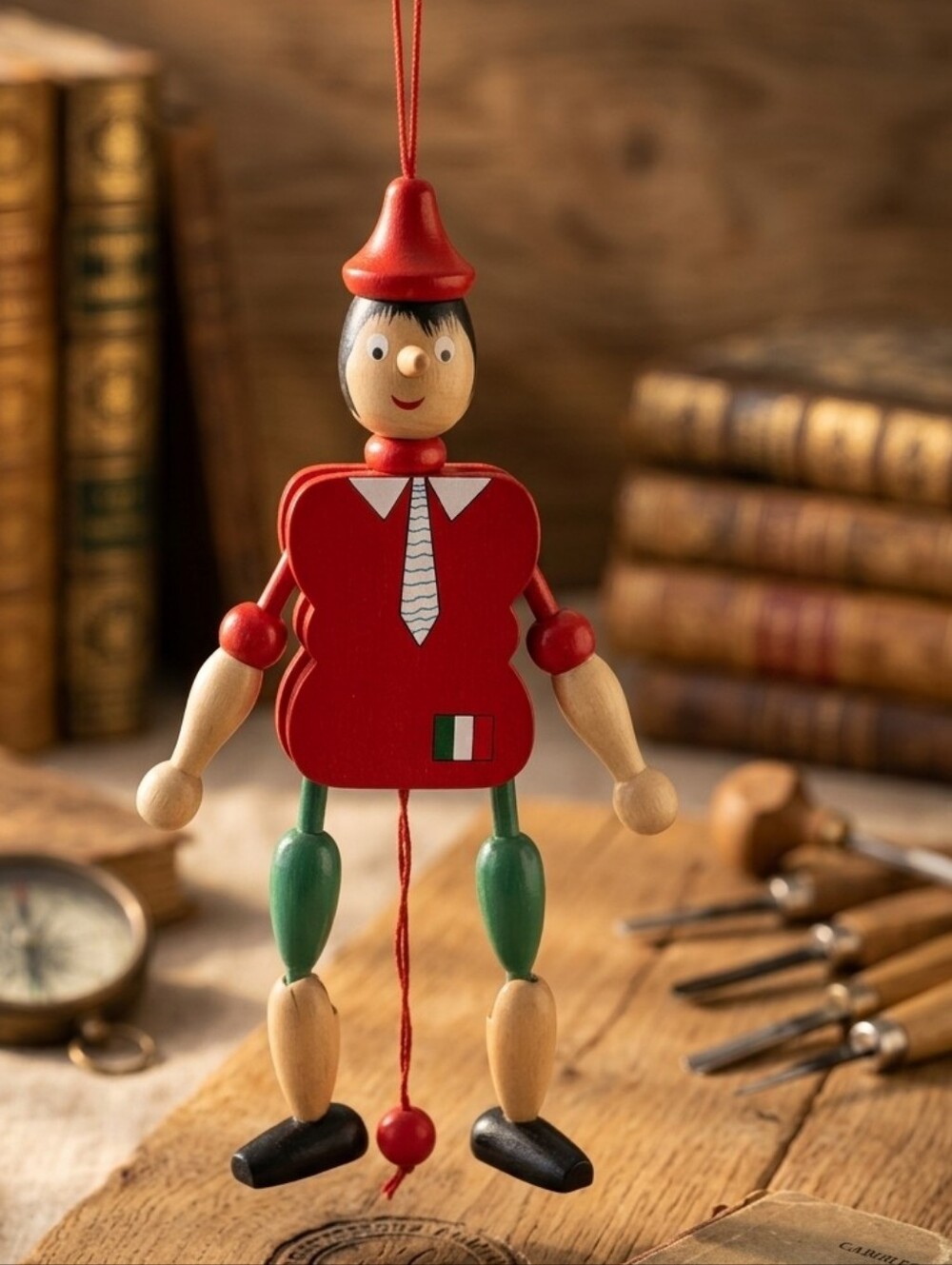 Vintage Pinocchio Italian Wooden Pull String Puppet Toy 12” Jumping Jack Figure